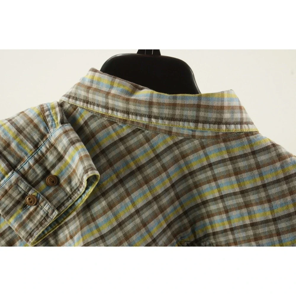 Gramicci Men's Medium Roll Tab Sleeve Yellow Blue Brown Cotton Utility‎ Shirt